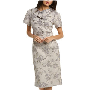 Teri Jon Silver Jacquard Bow Shoulder Sheath Cocktail Dress Size 4